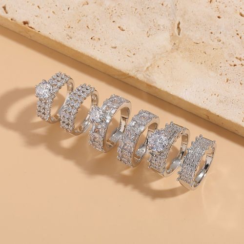 Elegant Classic Style Round Square Copper Asymmetrical Plating Inlay Zircon 14K Gold Plated Open Rings