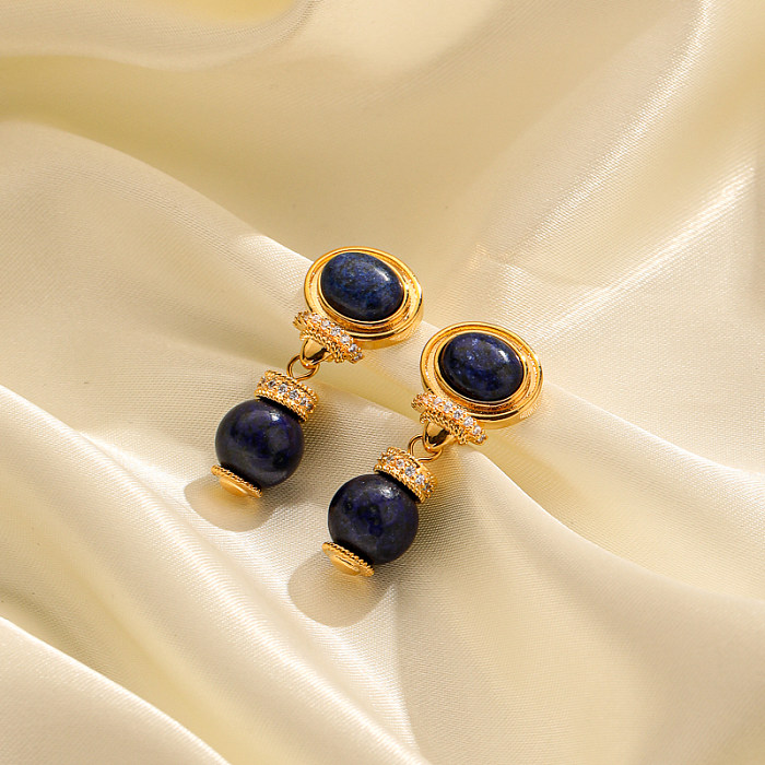 1 Paar Tropfenohrringe im klassischen britischen Stil mit ovaler Perlenbeschichtung und Kupfer-Lapislazuli-Edelstein-18-Karat-Vergoldung