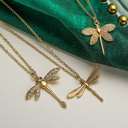 Simple Style Commute Dragonfly Copper Inlay Zircon 18K Gold Plated Pendant Necklace