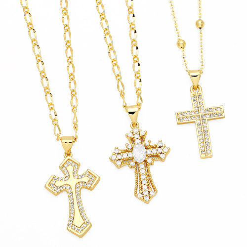IG Style Simple Style Cross Copper Plating Inlay Zircon 18K Gold Plated Pendant Necklace