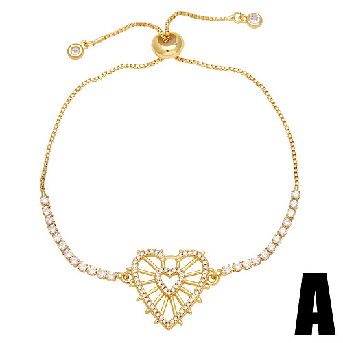 Fashion Simple Style Heart Shape Flower Butterfly Copper Plating Inlay Zircon 18K Gold Plated Bracelets