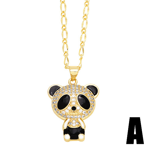 Cute Panda Copper Enamel Plating Inlay Zircon 18K Gold Plated Pendant Necklace