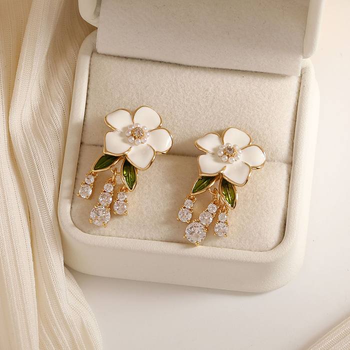 1 Pair Fairy Style Sweet Tassel Flower Plating Inlay Copper Zircon 14K Gold Plated Drop Earrings