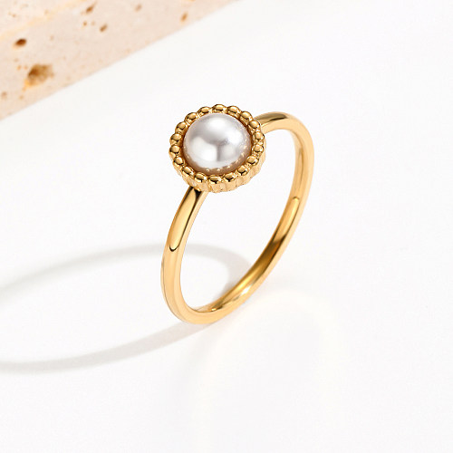 Elegant Round Stainless Steel Inlay Artificial Pearls 14K Gold Plated Rings