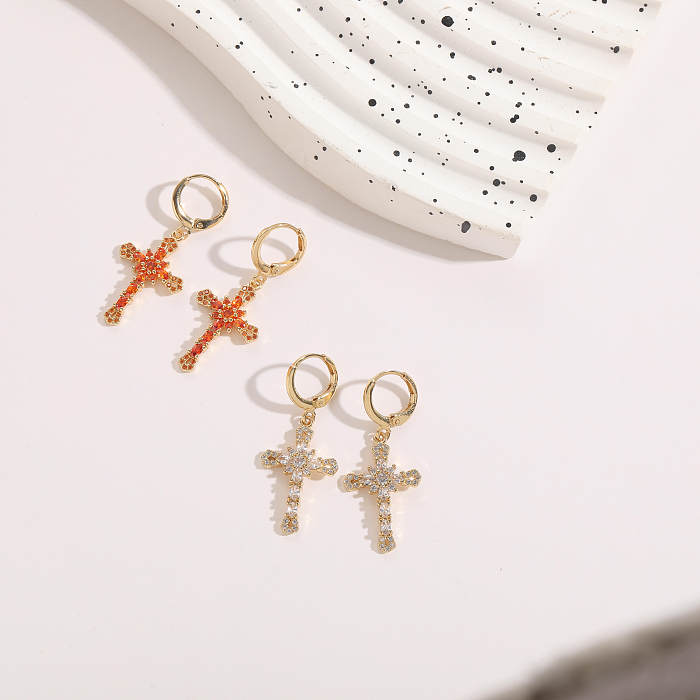 1 Pair Classic Style Cross Copper Inlay Zircon 14K Gold Plated Drop Earrings