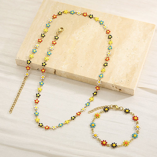 Einfache Kreuz-Gänseblümchen-Armband-Halskette mit Edelstahlbeschichtung