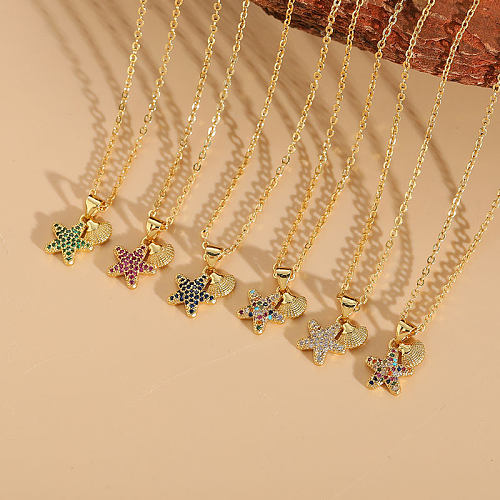 Elegante, luxuriöse, klassische Stern-Kupfer-Halskette mit unregelmäßiger Beschichtung und Zirkon-Inlay, 14 Karat vergoldet