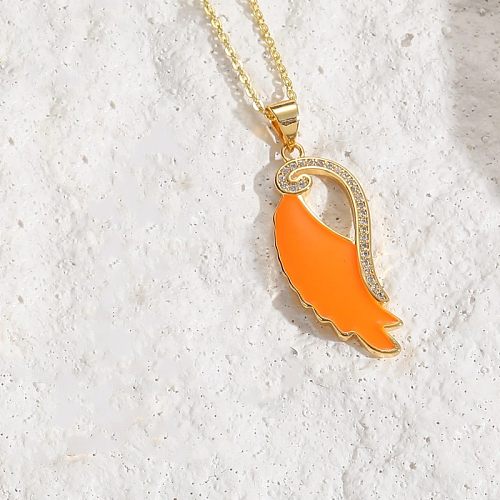 Elegant Basic Classic Style Wings Copper Enamel Inlay Zircon 14K Gold Plated Pendant Necklace