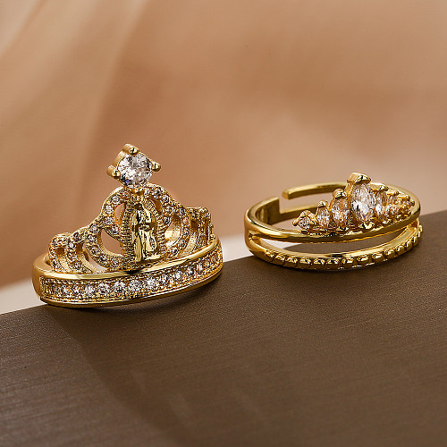 Schlichter Stil, offene Ringe mit Krone, Verkupferung, Inlay, Zirkon, 18 Karat vergoldet