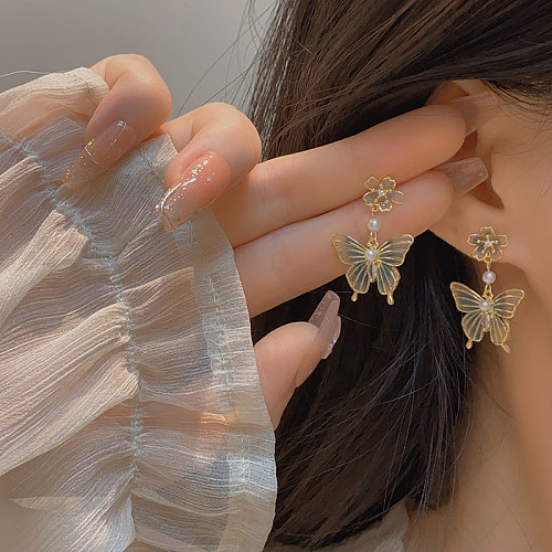 1 Paar niedliche Feen-Ohrringe im französischen Stil, Blume, Schmetterling, Emaille-Beschichtung, Kupfer, 14 Karat vergoldet