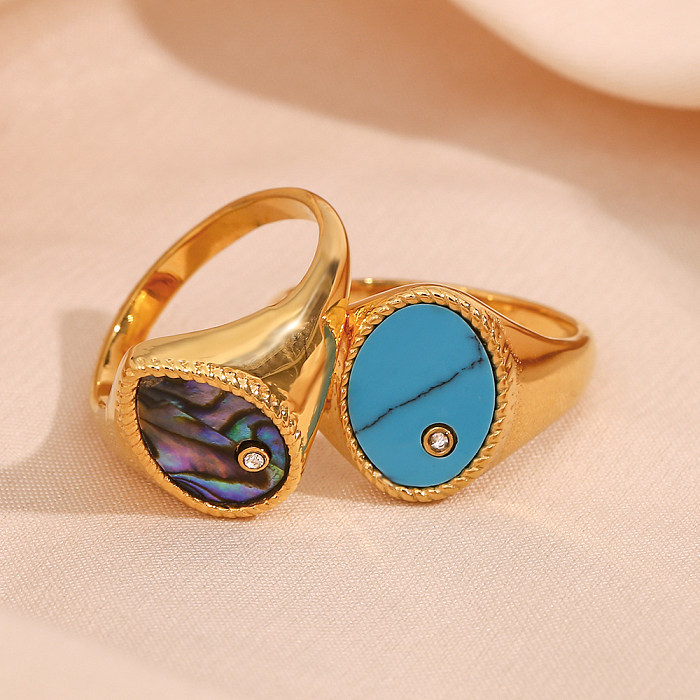 Retro Oval Water Droplets Stainless Steel Inlay Natural Stone Turquoise Rings