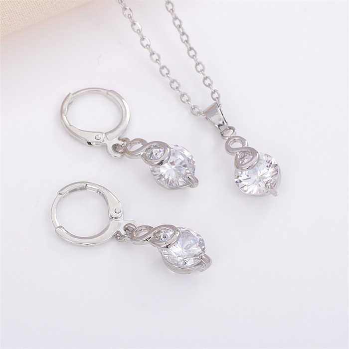 Casual Sweet Korean Style Geometric Round Copper Inlay Zircon Earrings Necklace