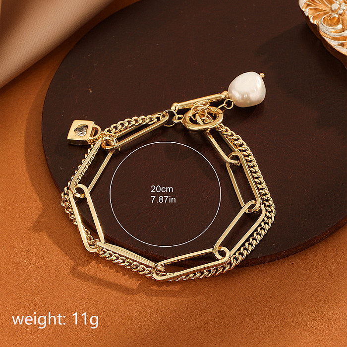 Elegante estilo romano streetwear formato de coração pulseiras de cobre pérola de água doce