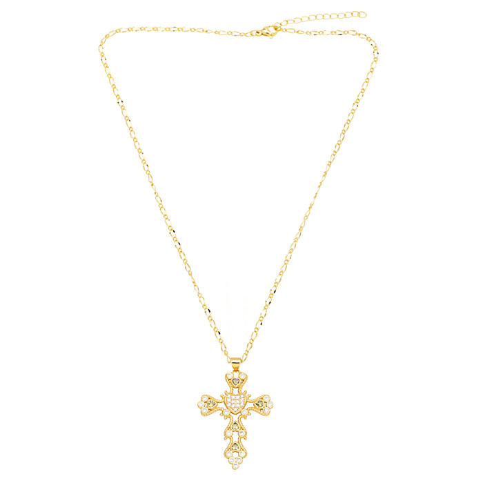IG Style Fashion Cross Copper Plating Inlay Zircon 18K Gold Plated Necklace