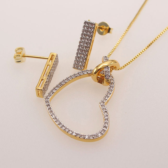Estilo simples forma de coração chapeamento de cobre incrustação zircão conjunto de joias banhadas a ouro
