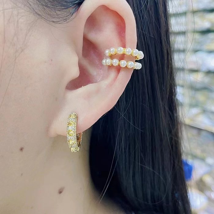Clips d'oreille en cuivre en forme de C, incrustation de placage de perles, boucles d'oreilles en cuivre