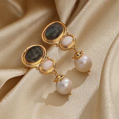 1 paire de boucles d'oreilles pendantes plaquées or 18 carats, Style Vintage, Style Simple, incrustation ovale en cuivre, perle d'eau douce