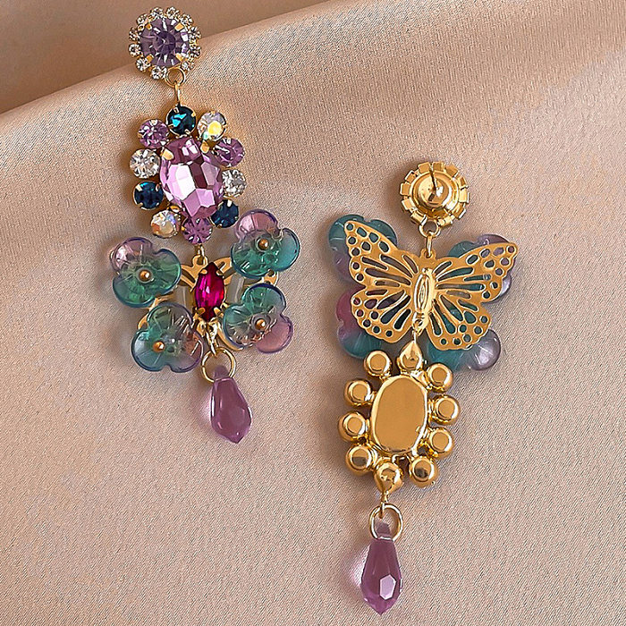 1 paire de boucles d'oreilles pendantes avec incrustation de fleurs douces, pierres précieuses artificielles en cuivre