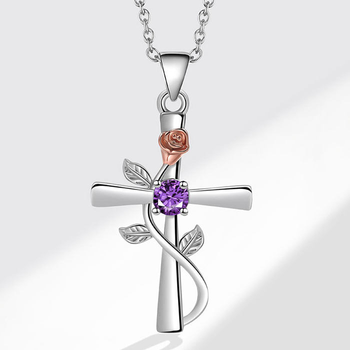 Simple Style Cross Copper Zircon Pendant Necklace In Bulk