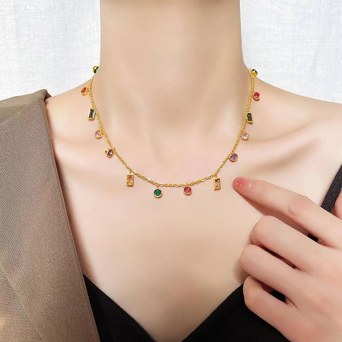 Elegante, schlichte Halskette mit geometrischem Titan-Stahlüberzug, Inlay-Zirkon-Armband, 18 Karat vergoldet