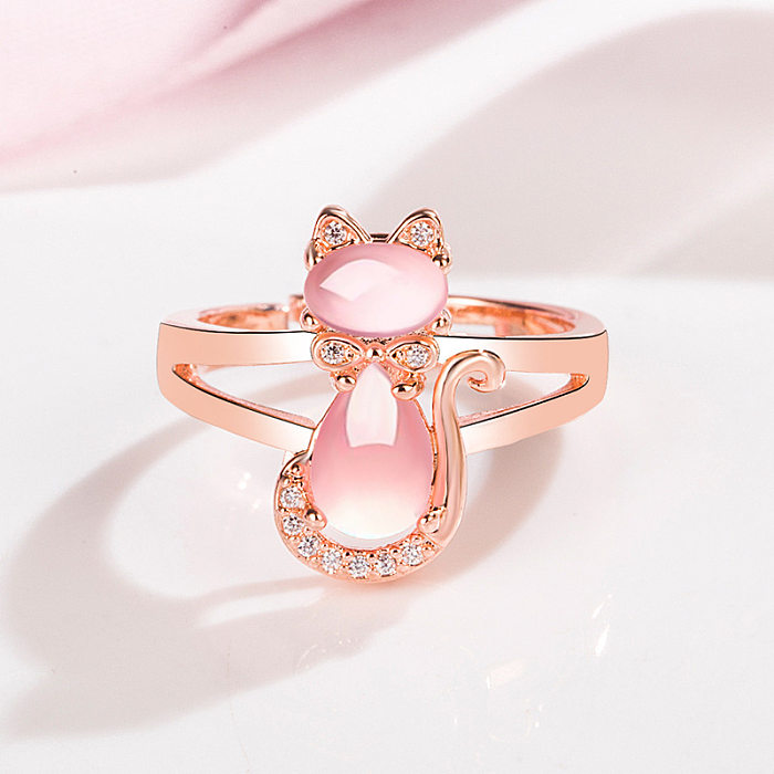 Anillo de gato de cristal rosa coreano, anillo abierto de moda con piedra de hibisco y diamante para mujer