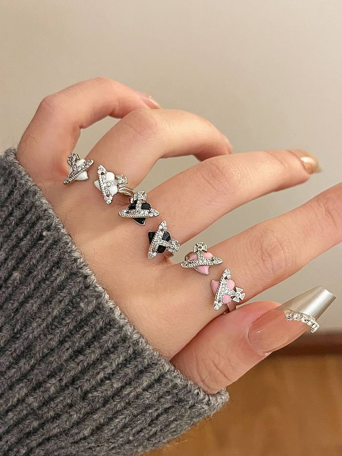 INS Style Vintage Style Vacation Heart Shape Copper Inlay Rhinestones Silver Plated Open Ring
