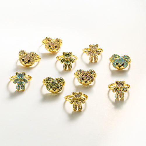 Anillos abiertos de diamantes de imitación turquesa con incrustaciones de cobre de oso de estilo simple