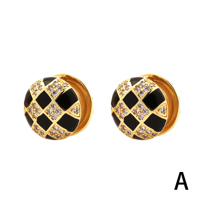 1 Pair Retro Simple Style Checkered Enamel Plating Inlay Copper Zircon 18K Gold Plated Ear Studs