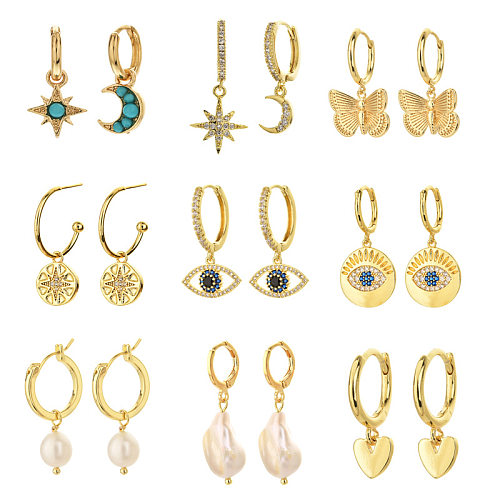 Fashion Heart Devil Eye Plated 14K Real Gold Zircon Pearl Copper Earrings