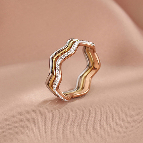 Anéis de aço inoxidável estilo simples ondas chapeamento strass anéis de aço inoxidável 1 conjunto
