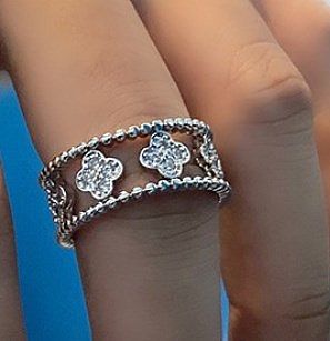 Eleganter Damen-Ring mit vierblättrigem Kleeblatt, verkupfert, Inlay, Zirkon, versilbert, offener Ring