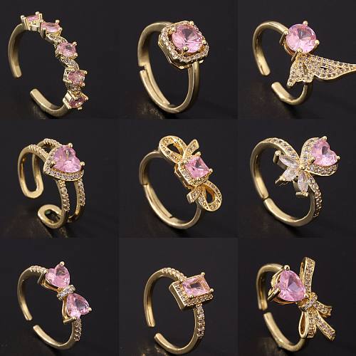 Anel de zircônia rosa estilo romântico fofo, acessível, luxo, moda, aberto, ajustável, feminino, retrô, design criativo