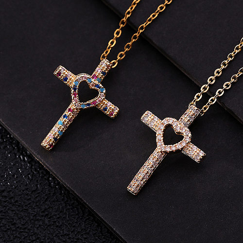 Cool Style Shiny Cross Heart Shape Copper Plating Hollow Out Inlay Zircon Pendant Necklace