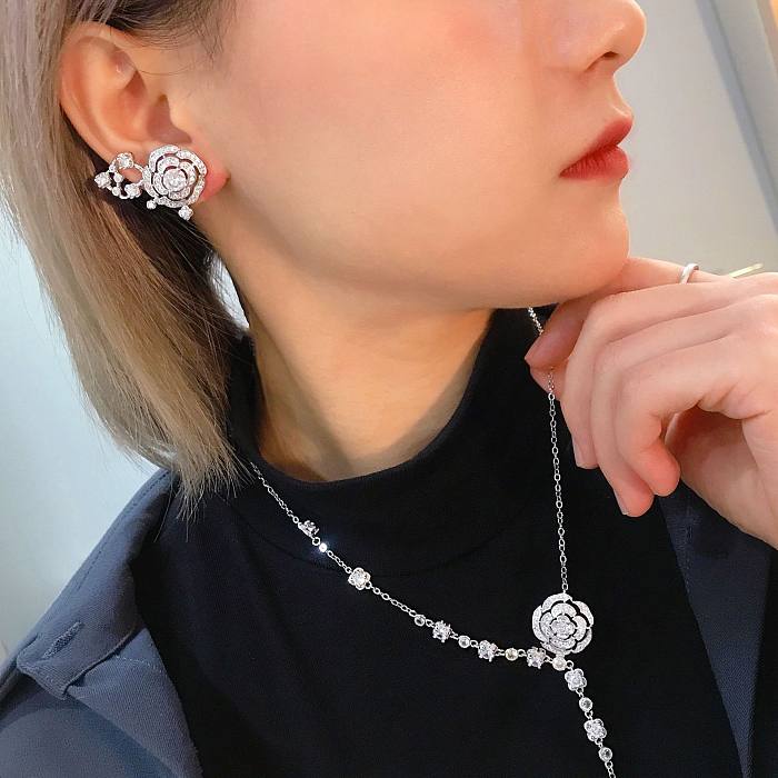 Luxueux gouttelettes d'eau fleur cuivre diamant pierres précieuses artificielles femmes Bracelets boucles d'oreilles collier