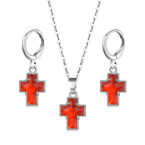 Simple Style Streetwear Cross Copper Plating Inlay Zircon White Gold Plated Jewelry Set