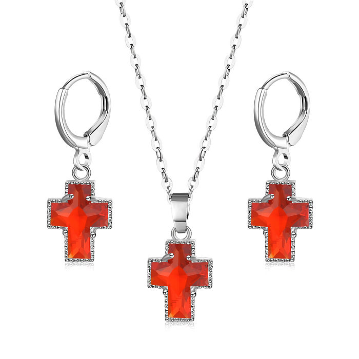 Simple Style Streetwear Cross Copper Plating Inlay Zircon White Gold Plated Jewelry Set