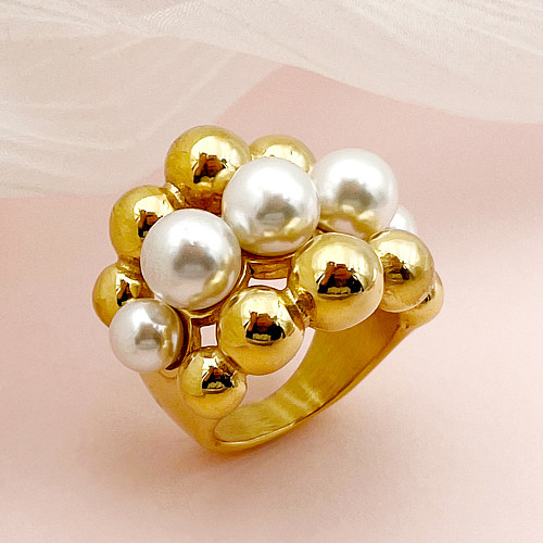 Vintage-Stil, schlichter Stil, runde Edelstahl-Beschichtung, ausgehöhlte Intarsien, künstliche Perlen, vergoldete Ringe