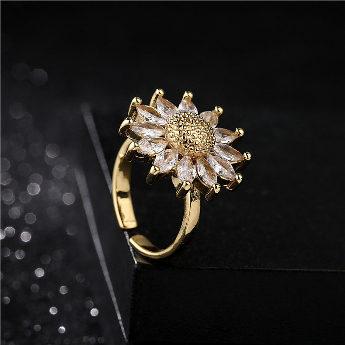 Aogu, nueva moda europea y americana, anillo abierto de girasol, chapado en cobre para mujer, anillo chapado en oro de 18K