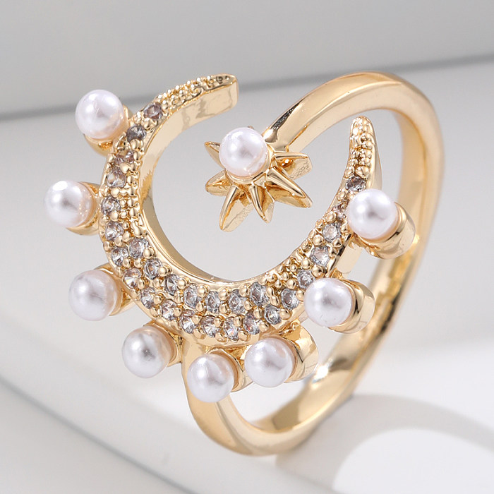 Elegante Streetwear Mond Kupfer Inlay Künstliche Perlen Zirkon Offene Ringe
