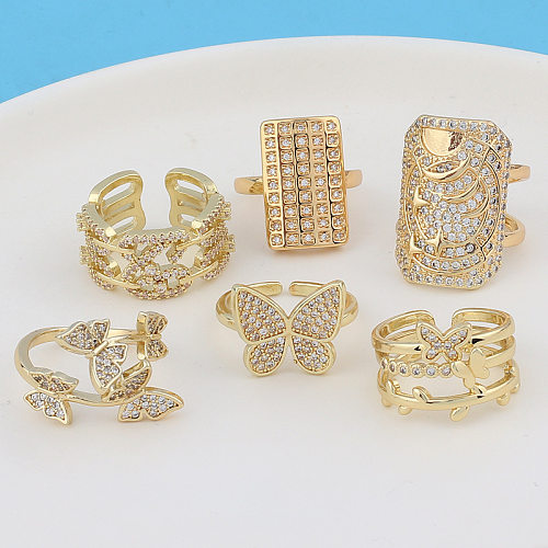 Anéis de cobre de borboleta geométricas da moda embutidas anéis de cobre de zircão