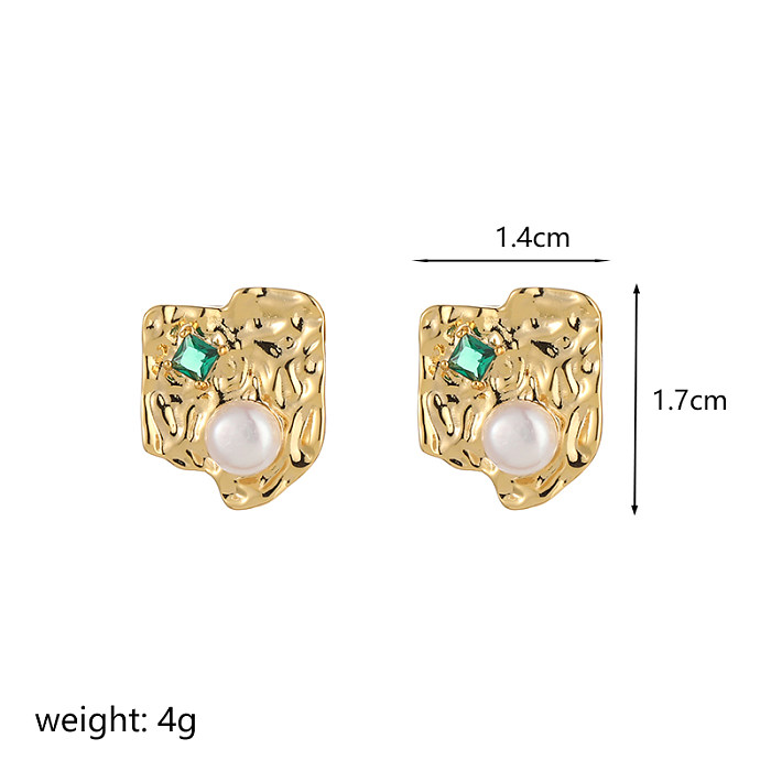 1 paire de clous d'oreilles classiques rétro, incrustation irrégulière en cuivre et Zircon plaqué or 18 carats