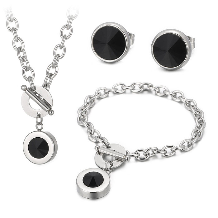 Modische runde Edelstahl-Beschichtung, Inlay, künstliche Edelsteine, Armbänder, Ohrringe, Halskette, 1 Set