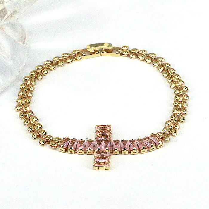 Retro Shiny Cross Copper Gold Plated Zircon Bracelets In Bulk
