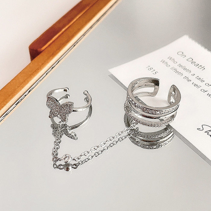 Anillo abierto de diamante artificial con incrustaciones de cobre y mariposa estilo hada