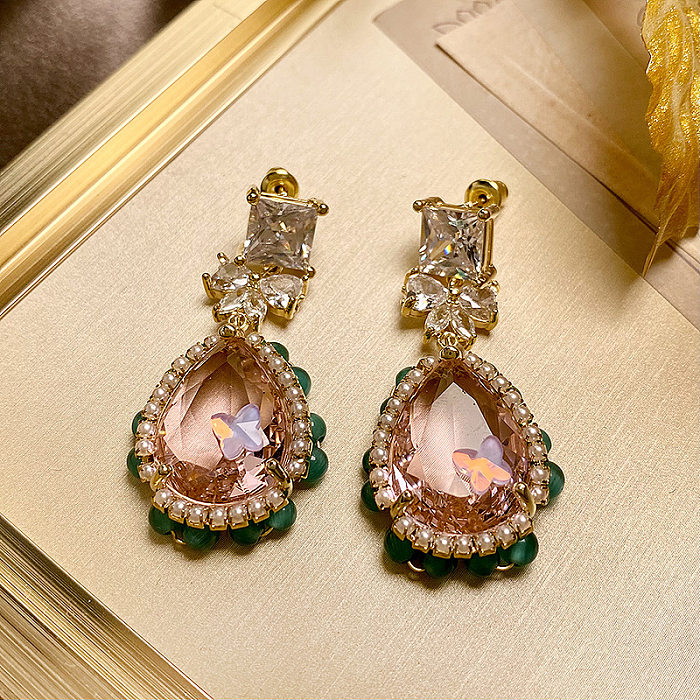 1 Pair Glam Water Droplets Inlay Copper Artificial Pearls Crystal Zircon Drop Earrings