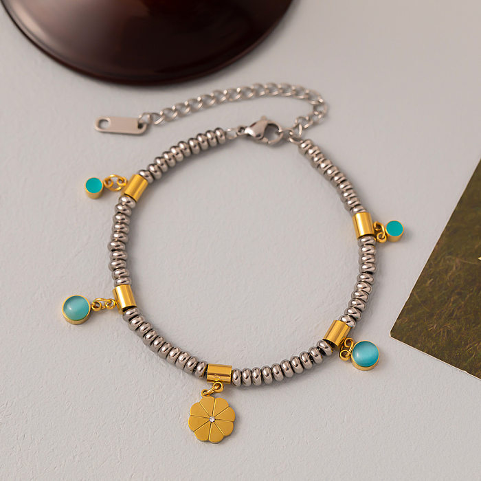 Collier de bracelets turquoise avec incrustation de perles en acier et titane à fleurs rétro