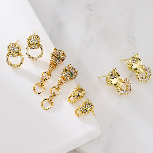Brincos de orelha de leopardo de cobre da moda banhados a ouro com zircão e cobre