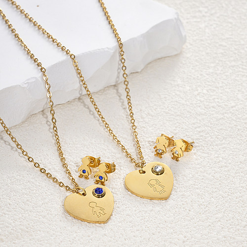 Cute Simple Style Human Heart Shape Stainless Steel Gem Plating Inlay Zircon 14K Gold Plated Earrings Necklace