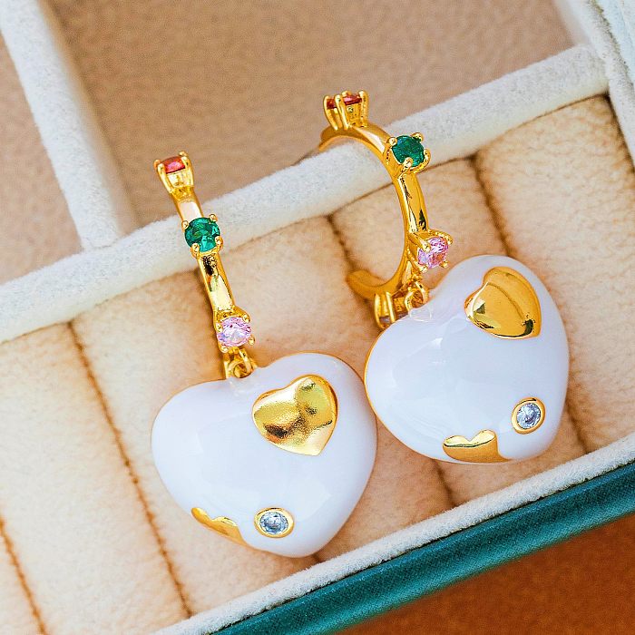 1 Pair Vintage Style Heart Shape Enamel Plating Inlay Copper Zircon Drop Earrings
