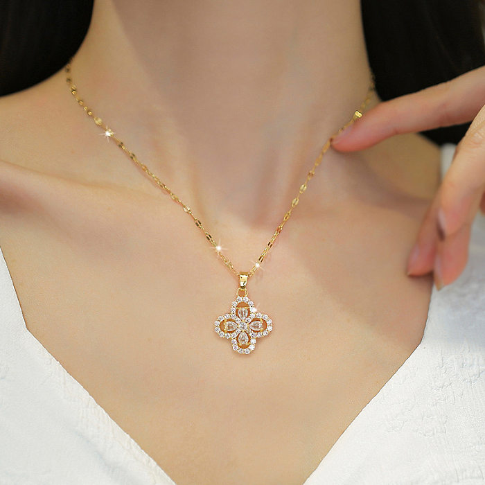 Fashion Flower Titanium Steel Copper Inlay Zircon Pendant Necklace